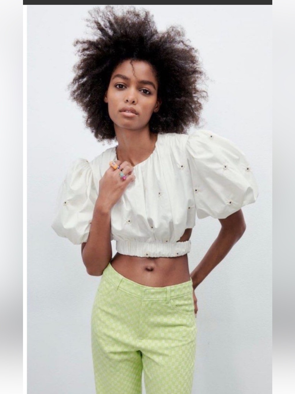 Zara Ivory Puff-Sleeve Cropped Top